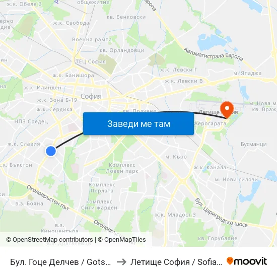 Бул. Гоце Делчев / Gotse Delchev Blvd. (0313) to Летище София / Sofia Airport - Terminal 2 map