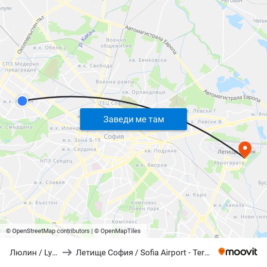 Люлин / Lyulin to Летище София / Sofia Airport - Terminal 2 map