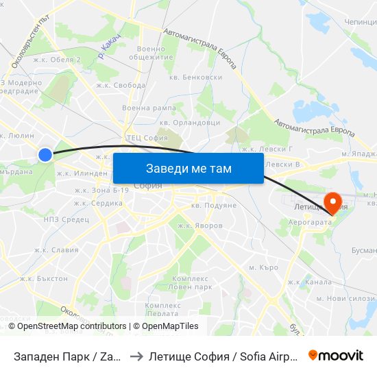 Западен Парк / Zapaden Park to Летище София / Sofia Airport - Terminal 2 map