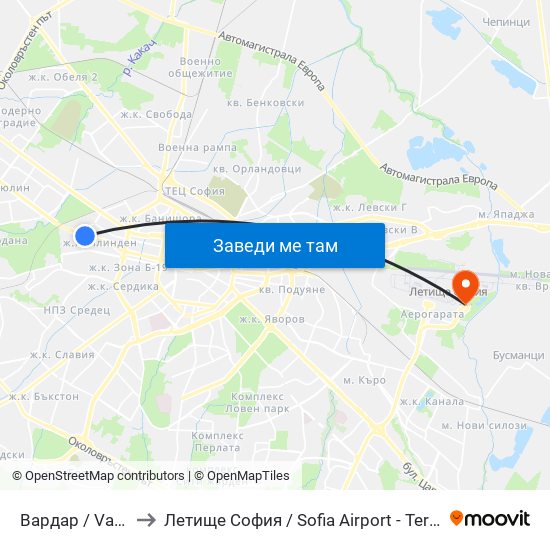 Вардар / Vardar to Летище София / Sofia Airport - Terminal 2 map