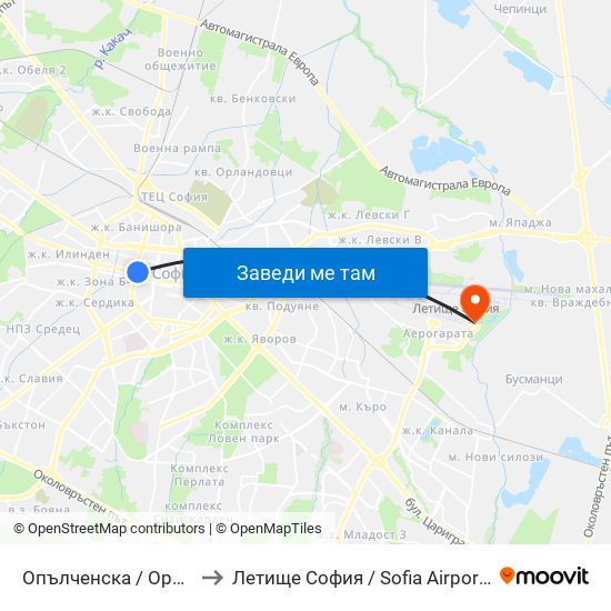 Опълченска / Opalchenska to Летище София / Sofia Airport - Terminal 2 map