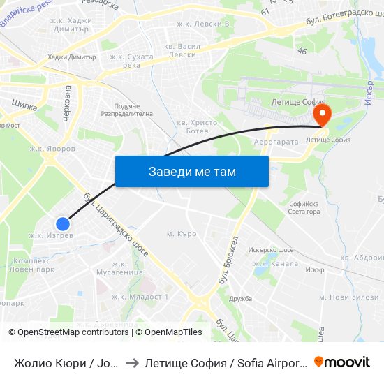 Жолио Кюри / Joliot-Curie to Летище София / Sofia Airport - Terminal 2 map