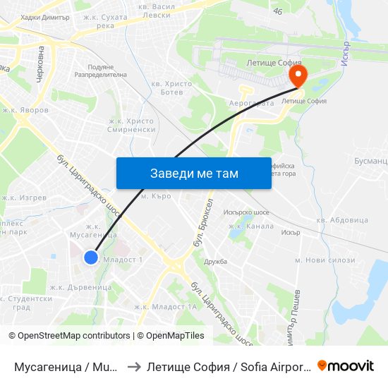 Мусагеница /  Musagenitsa to Летище София / Sofia Airport - Terminal 2 map