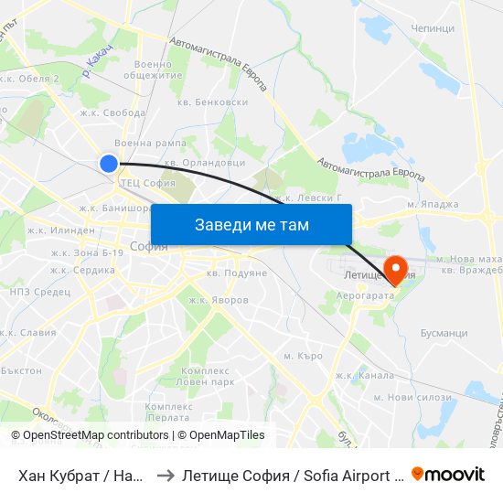 Хан Кубрат / Han Kubrat to Летище София / Sofia Airport - Terminal 2 map