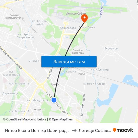 Интер Експо Център Цариградско Шосе / Inter Expo Center – Tsarigradsko Shose to Летище София / Sofia Airport - Terminal 2 map