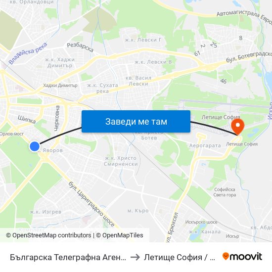 Българска Телеграфна Агенция / Bulgarian News Agency (1395) to Летище София / Sofia Airport - Terminal 2 map