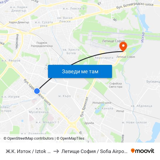 Ж.К. Изток / Iztok Qr (1696) to Летище София / Sofia Airport - Terminal 2 map