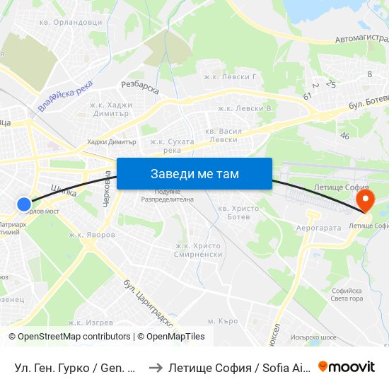 Ул. Ген. Гурко / Gen. Gurko St. (1903) to Летище София / Sofia Airport - Terminal 2 map