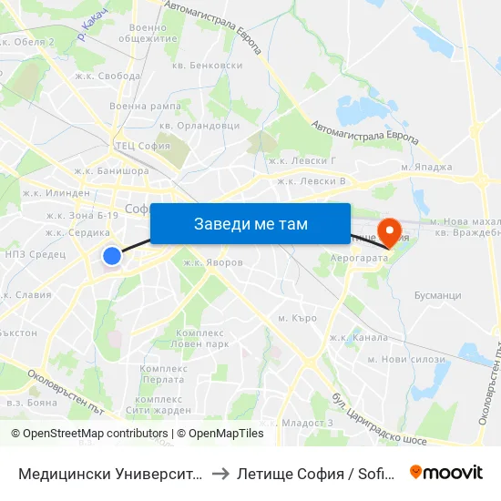 Медицински Университет / Medical University to Летище София / Sofia Airport - Terminal 2 map