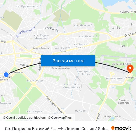 Св. Патриарх Евтимий / St. Patriarch Euthymius to Летище София / Sofia Airport - Terminal 2 map