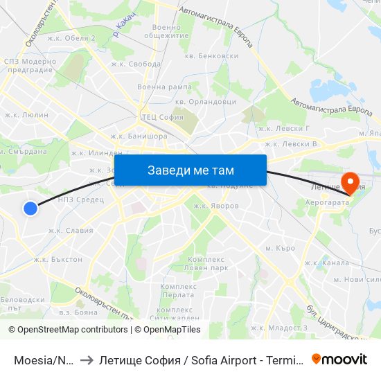 Moesia/Nbu to Летище София / Sofia Airport - Terminal 2 map