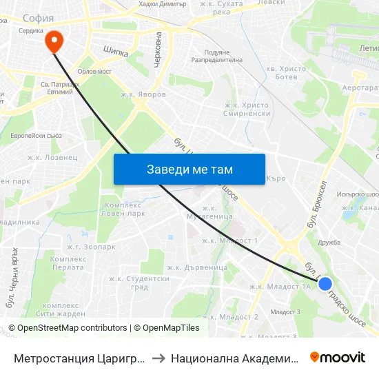 Ⓜ️ Метростанция Цариградско Шосе / Tsarigradsko Shosse Metro Station (1016) to Национална Академия За Театрално И Филмово Изкуство Кръстьо Сарафов map
