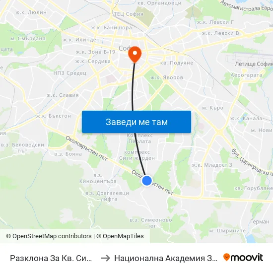 Разклона За Кв. Симеоново / Fork Road To Simeonovo Qr. (1459) to Национална Академия За Театрално И Филмово Изкуство Кръстьо Сарафов map