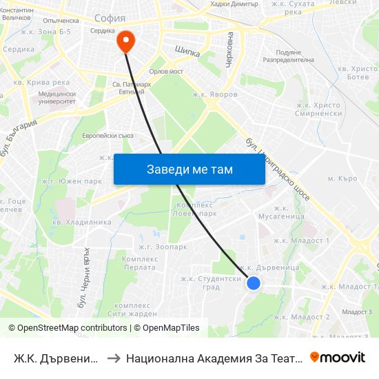 Ж.К. Дървеница / Darvenitsa Qr. (1012) to Национална Академия За Театрално И Филмово Изкуство Кръстьо Сарафов map