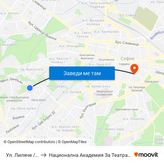 Ул. Лиляче / Lilyache St. (2029) to Национална Академия За Театрално И Филмово Изкуство Кръстьо Сарафов map