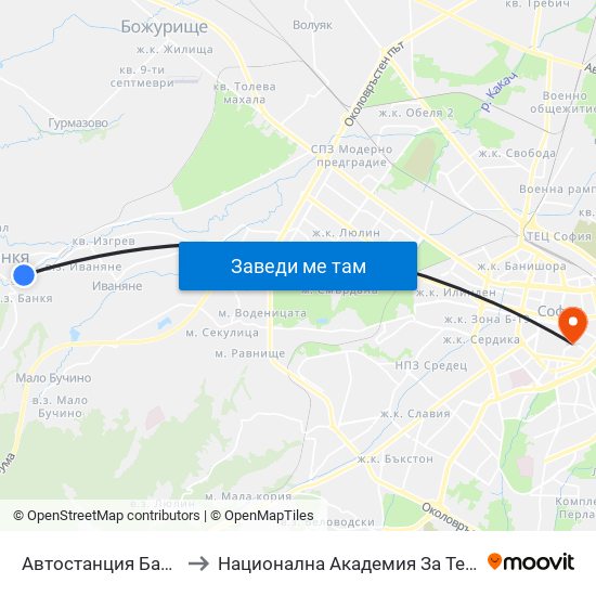 Автостанция Банкя / Bankya Bus Station (0051) to Национална Академия За Театрално И Филмово Изкуство Кръстьо Сарафов map