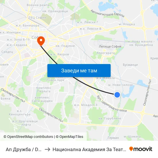 Ап Дружба / Druzhba Bus Depot (0078) to Национална Академия За Театрално И Филмово Изкуство Кръстьо Сарафов map