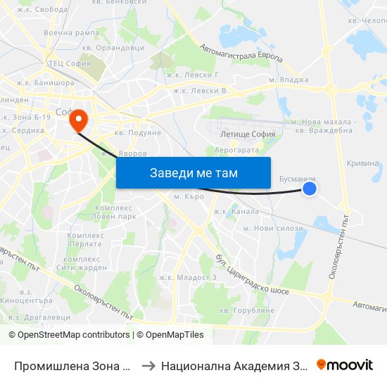 Промишлена Зона Бусманци / Industrial Zone Busmantsi (1641) to Национална Академия За Театрално И Филмово Изкуство Кръстьо Сарафов map