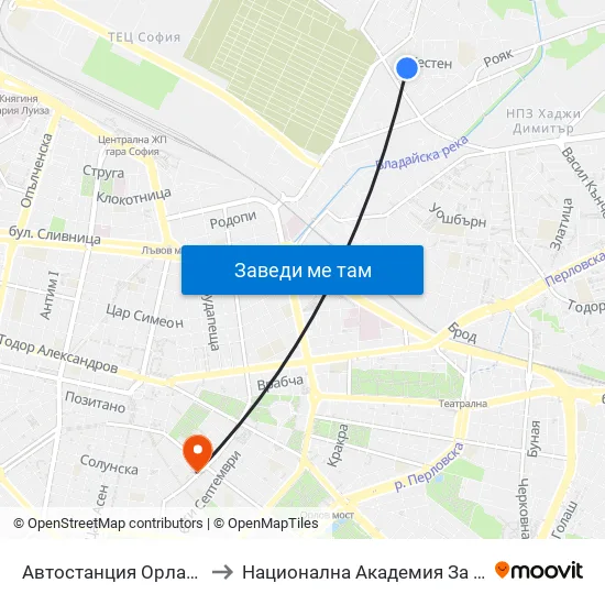 🚌 Автостанция Орландовци / Orlandovtsi Bus Station (0063) to Национална Академия За Театрално И Филмово Изкуство Кръстьо Сарафов map