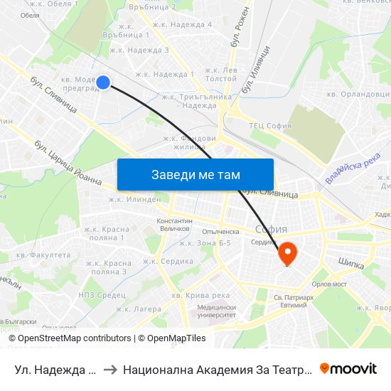 Ул. Надежда / Nadezhda St. (2051) to Национална Академия За Театрално И Филмово Изкуство Кръстьо Сарафов map