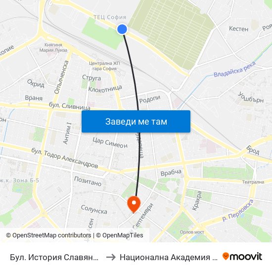 Бул. История Славянобългарска / Istoriya Slavyanobulgarska Blvd. (0065) to Национална Академия За Театрално И Филмово Изкуство Кръстьо Сарафов map