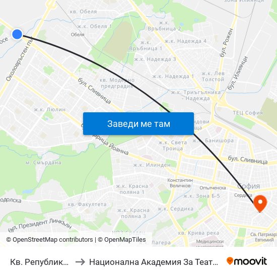 Кв. Република / Republika Qr. (0895) to Национална Академия За Театрално И Филмово Изкуство Кръстьо Сарафов map