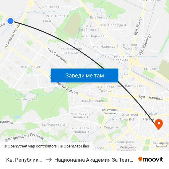 Кв. Република / Republika Qr. (0895) to Национална Академия За Театрално И Филмово Изкуство Кръстьо Сарафов map