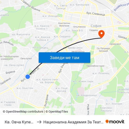 Кв. Овча Купел / Ovcha Kupel Qr. (0875) to Национална Академия За Театрално И Филмово Изкуство Кръстьо Сарафов map