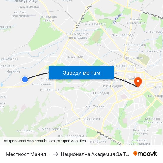 Местност Манилов Дол / Manilov Dol Area (0918) to Национална Академия За Театрално И Филмово Изкуство Кръстьо Сарафов map