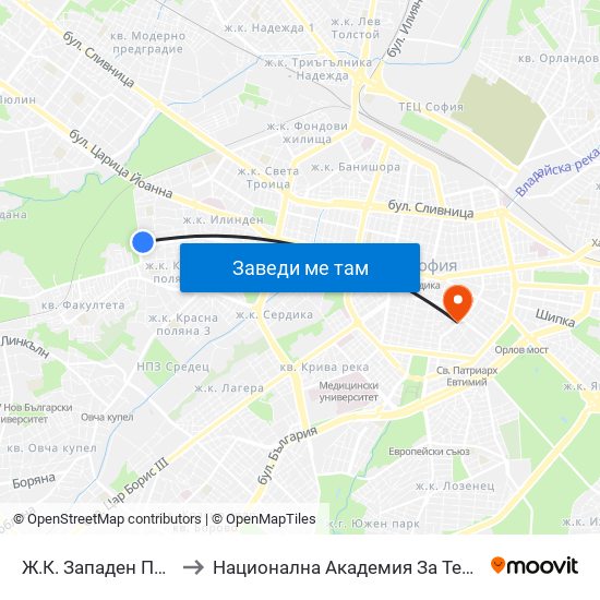 Ж.К. Западен Парк / Zapaden Park Qr. (0620) to Национална Академия За Театрално И Филмово Изкуство Кръстьо Сарафов map