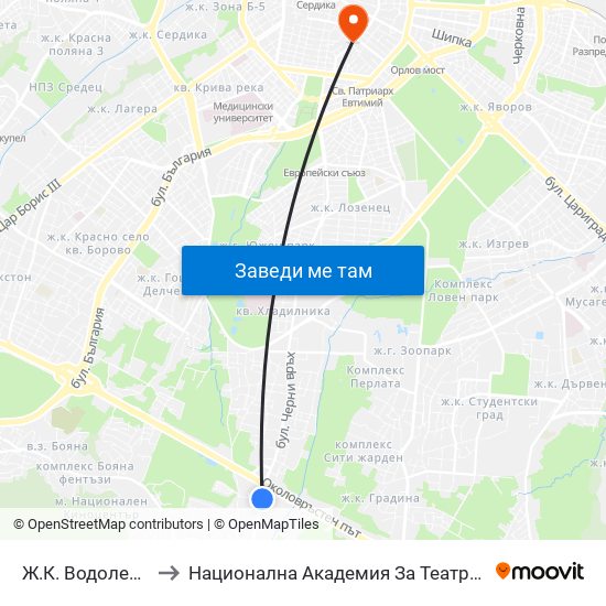 Ж.К. Водолей / Vodoley Qr. (2597) to Национална Академия За Театрално И Филмово Изкуство Кръстьо Сарафов map