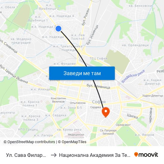 Ул. Сава Филаретов / Sava Filaretov St. (2812) to Национална Академия За Театрално И Филмово Изкуство Кръстьо Сарафов map