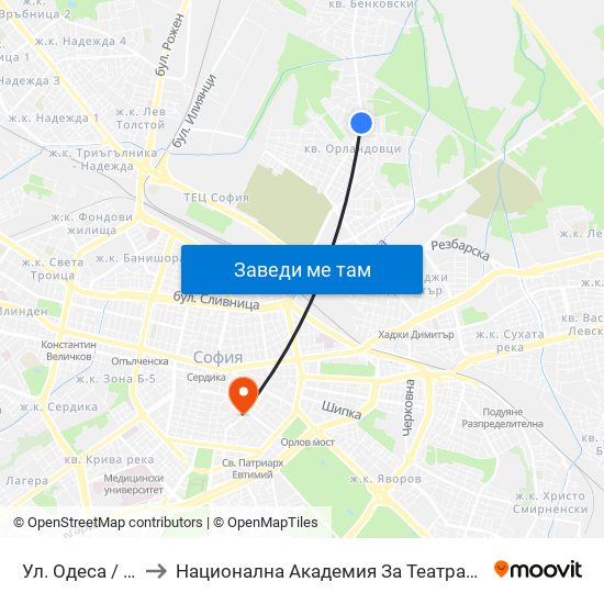 Ул. Одеса / Odessa St. (2355) to Национална Академия За Театрално И Филмово Изкуство Кръстьо Сарафов map