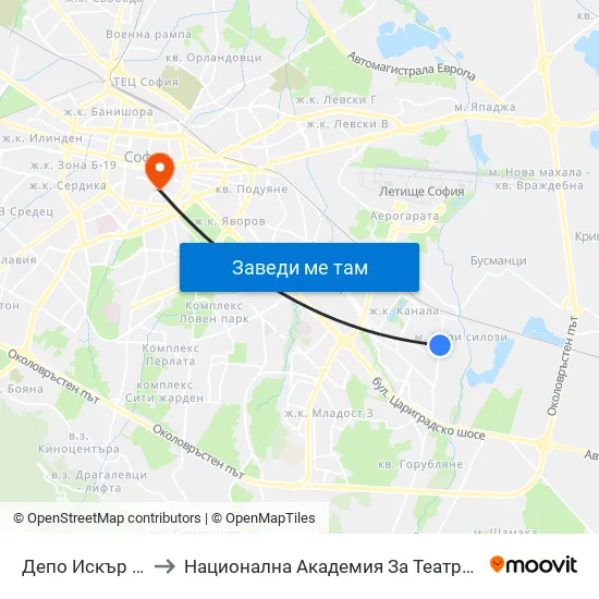 Депо Искър / Iskar Depot (0520) to Национална Академия За Театрално И Филмово Изкуство Кръстьо Сарафов map