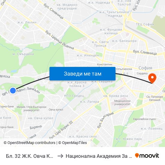Бл. 32 Ж.К. Овча Купел 1 / Bl. 32, Ovcha Kupel 1 Qr. (0191) to Национална Академия За Театрално И Филмово Изкуство Кръстьо Сарафов map