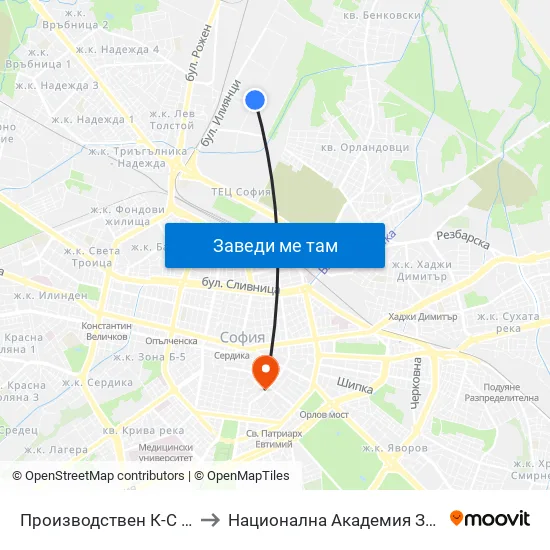 Производствен К-С Москва / Moskva Industrial Complex (0538) to Национална Академия За Театрално И Филмово Изкуство Кръстьо Сарафов map