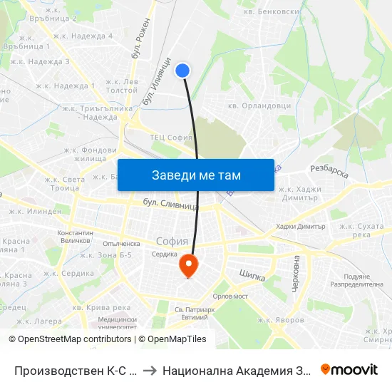 Производствен К-С Москва / Moskva Industrial Complex (0537) to Национална Академия За Театрално И Филмово Изкуство Кръстьо Сарафов map