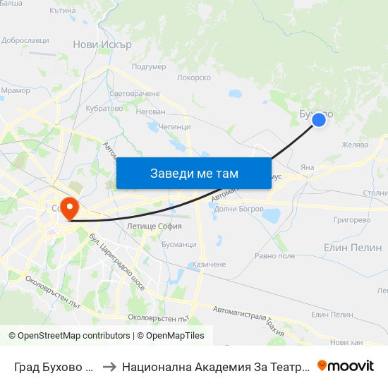 Град Бухово / Buhovo Town (0504) to Национална Академия За Театрално И Филмово Изкуство Кръстьо Сарафов map