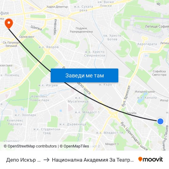 Депо Искър / Iskar Depot (0516) to Национална Академия За Театрално И Филмово Изкуство Кръстьо Сарафов map