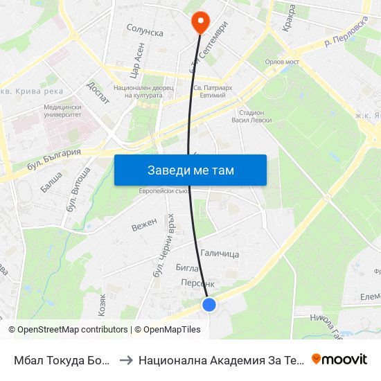 Мбал Токуда Болница / Tokuda Hospital (0206) to Национална Академия За Театрално И Филмово Изкуство Кръстьо Сарафов map