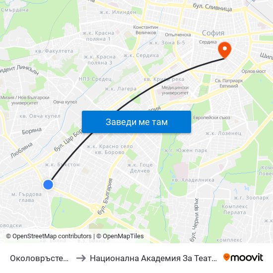 Околовръстен Път / Ring Road (1178) to Национална Академия За Театрално И Филмово Изкуство Кръстьо Сарафов map