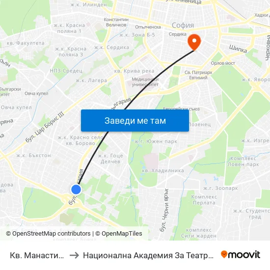 Кв. Манастирски Ливади (0868) to Национална Академия За Театрално И Филмово Изкуство Кръстьо Сарафов map