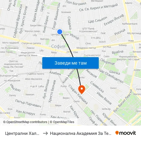 Централни Хали / Central Market Hall (2336) to Национална Академия За Театрално И Филмово Изкуство Кръстьо Сарафов map