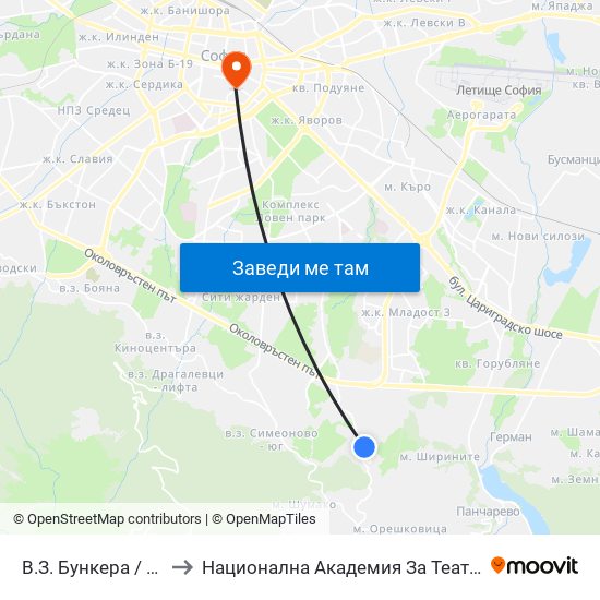 В.З. Бункера / Bunkera Villa Zone (2656) to Национална Академия За Театрално И Филмово Изкуство Кръстьо Сарафов map