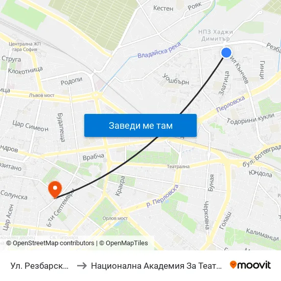 Ул. Резбарска / Rezbarska St. (2155) to Национална Академия За Театрално И Филмово Изкуство Кръстьо Сарафов map