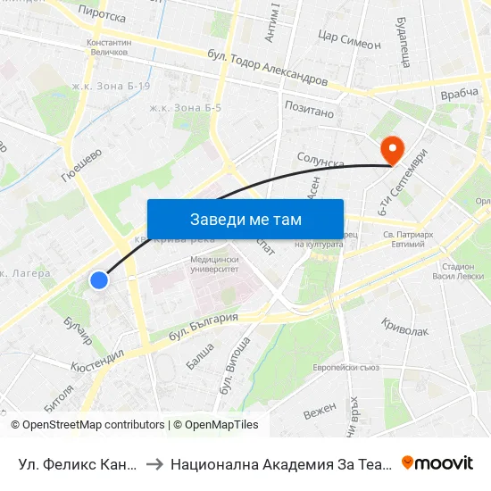 Ул. Феликс Каниц / Feliks Kanitz St. (2423) to Национална Академия За Театрално И Филмово Изкуство Кръстьо Сарафов map