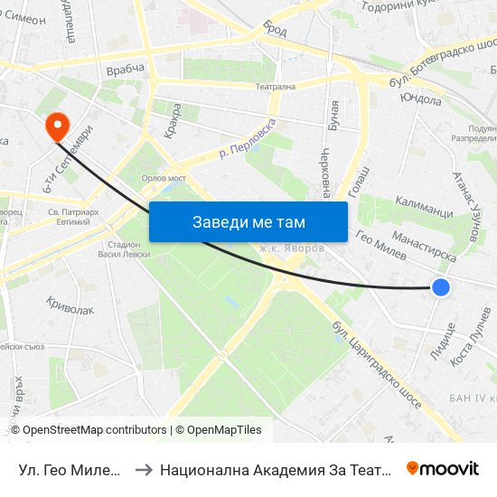Ул. Гео Милев / Geo Milev St. (1905) to Национална Академия За Театрално И Филмово Изкуство Кръстьо Сарафов map