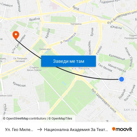 Ул. Гео Милев / Geo Milev St. (1905) to Национална Академия За Театрално И Филмово Изкуство Кръстьо Сарафов map