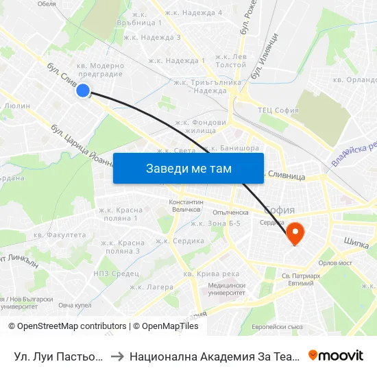 Ул. Луи Пастьор / Louis Pasteur St. (2166) to Национална Академия За Театрално И Филмово Изкуство Кръстьо Сарафов map