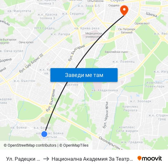 Ул. Радецки / Radetski St. (2153) to Национална Академия За Театрално И Филмово Изкуство Кръстьо Сарафов map